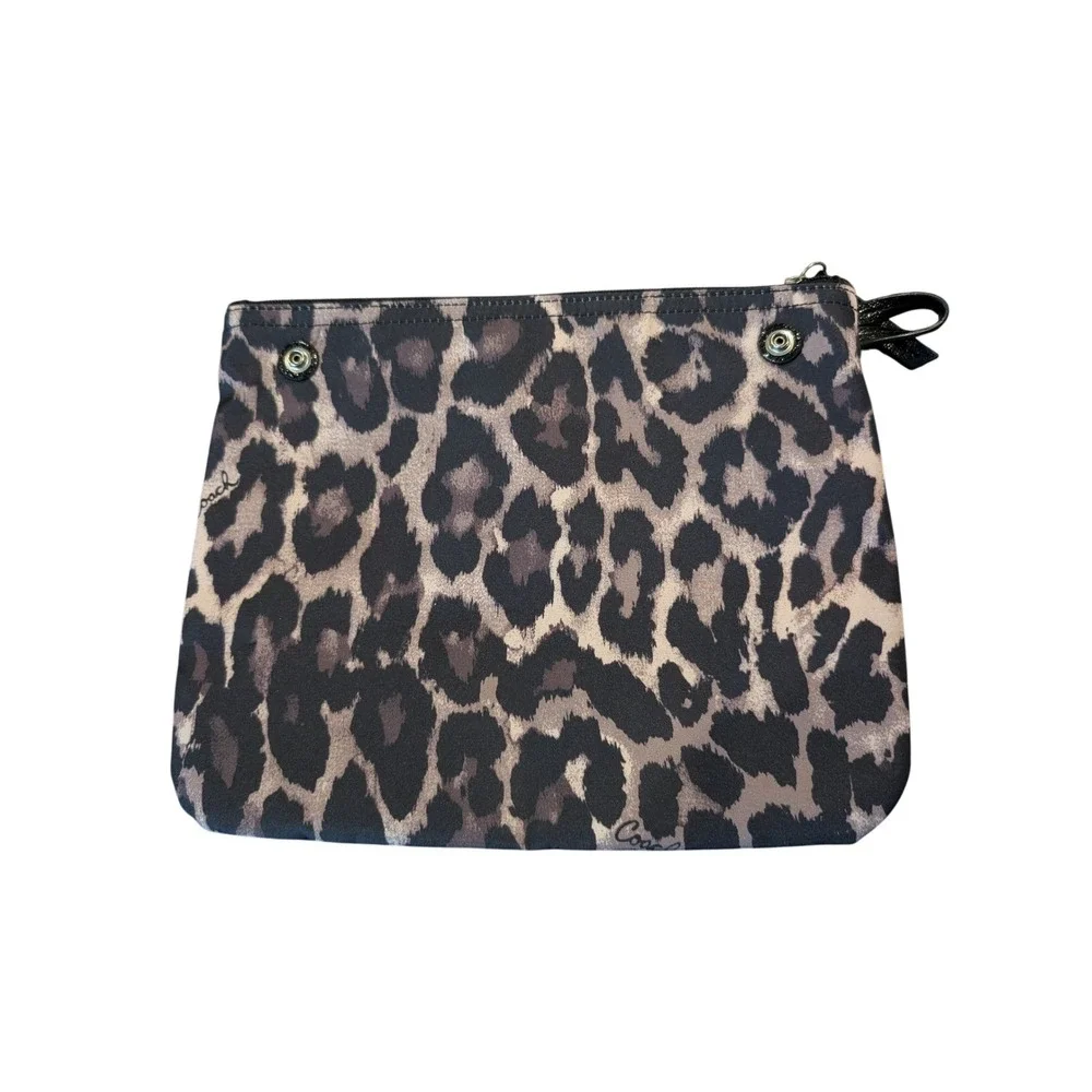 Coach Leopard Print Nylon Cosmetic Pouch Clutch Bag Grey Tan Black Logo Plaque